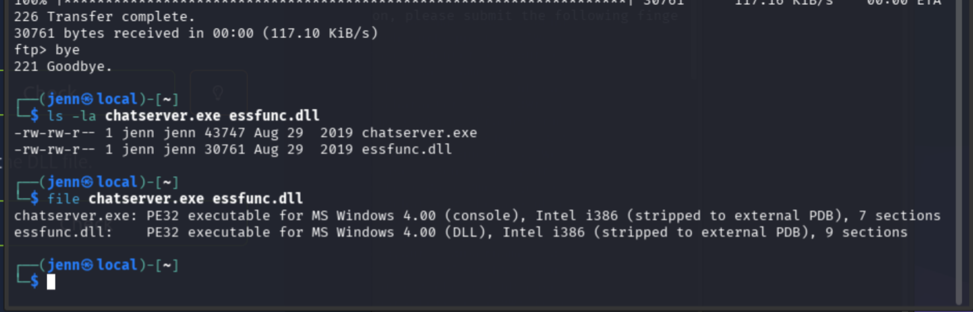 ls and file command confirming chatserver.exe and essfunc.dll downloaded successfully